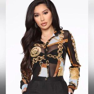 NWT Fashion Nova "Take Your Shot" Top Button Up, Black Print, Sheer Size…